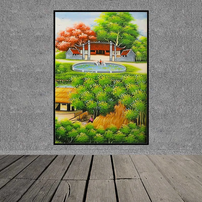 Tranh phong cảnh làng quê, cây đa và dòng sông