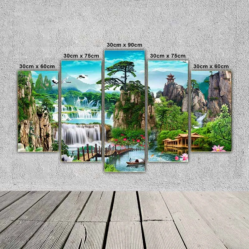 Tranh sơn thủy phong cảnh thác, chim hạc và người chèo thuyền