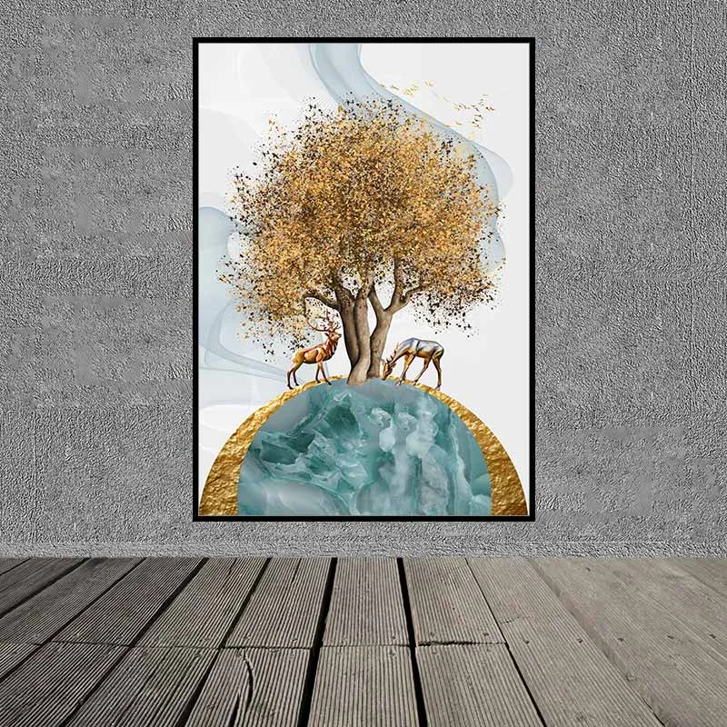 Tranh hươu nai trừu tượng đang ăn dưới gốc cây lá vàng