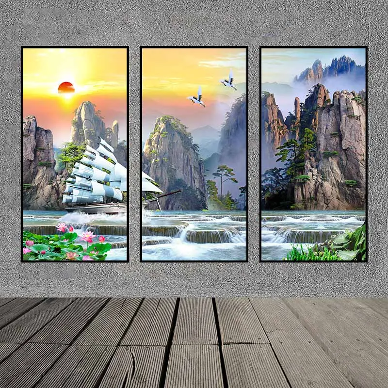 Tranh thuận buồm xuôi gió, phong cảnh thác nước, đồi núi và đàn chim hạc