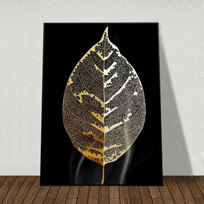 Tranh gân lá cây màu vàng gold trừu tượng