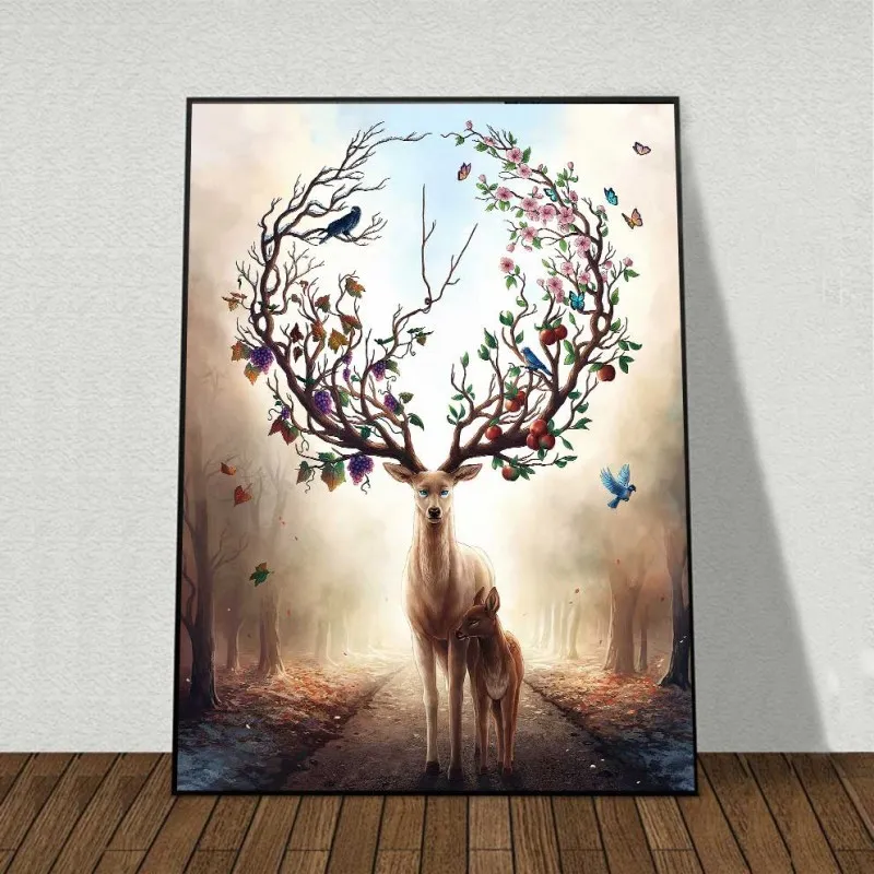 Tranh 2 mẹ con nai với chiếc sừng đầy hoa và chim