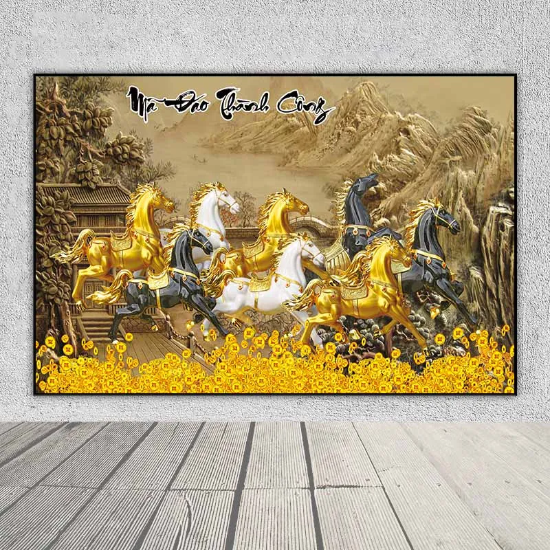 Tranh phong thủy mã đáo thành công, bát mã, 8 con ngựa và những đồng tiền vàng