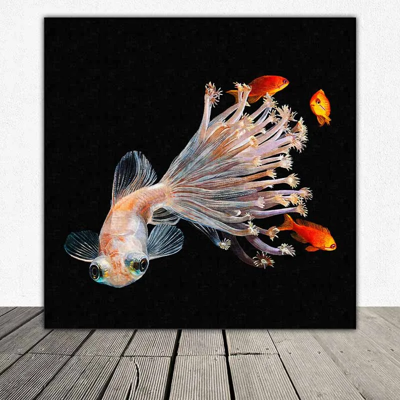 Tranh cá phướng, cá xiêm, cá đá, cá chọi, cá beta trừu tượng có đuôi là những rạn san hô và những và đàn cá nhỏ