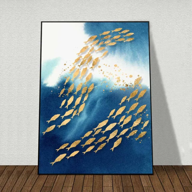 Tranh canvas đàn cá và mặt trăng trên dòng sông trừu tượng