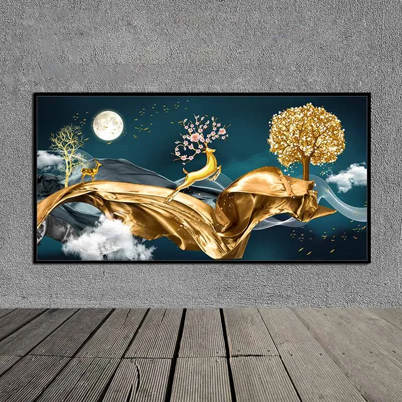 Tranh trừu tượng hiện đại đàn nai và cây lá vàng