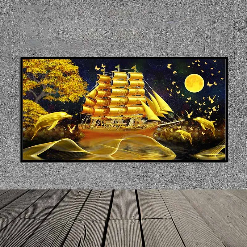 Tranh thuận buồm xuôi gió, thuyền buồm và đàn cá heo vàng