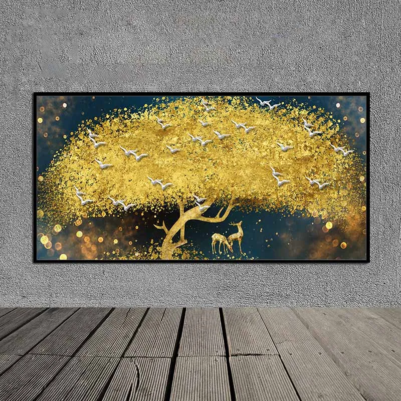 Tranh phong thủy đàn nai đứng dưới tán cây lá vàng