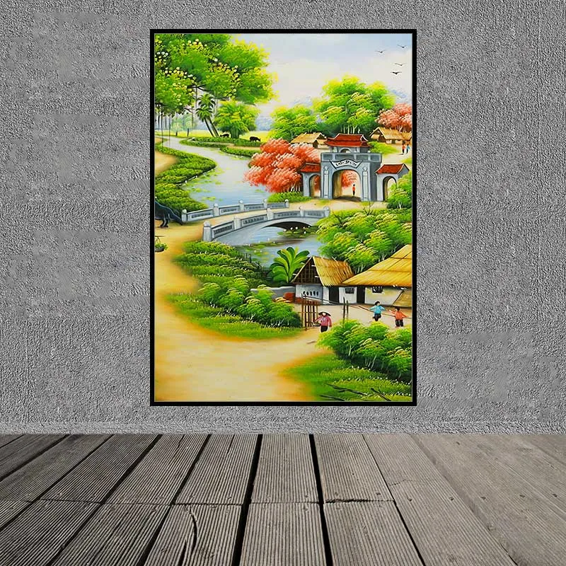 Tranh phong cảnh làng quê, cây đa và dòng sông