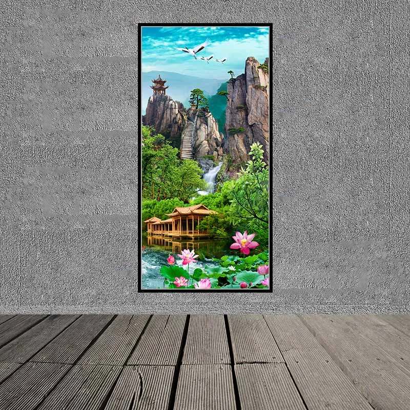 Tranh sơn thủy phong cảnh thác, chim hạc và người chèo thuyền