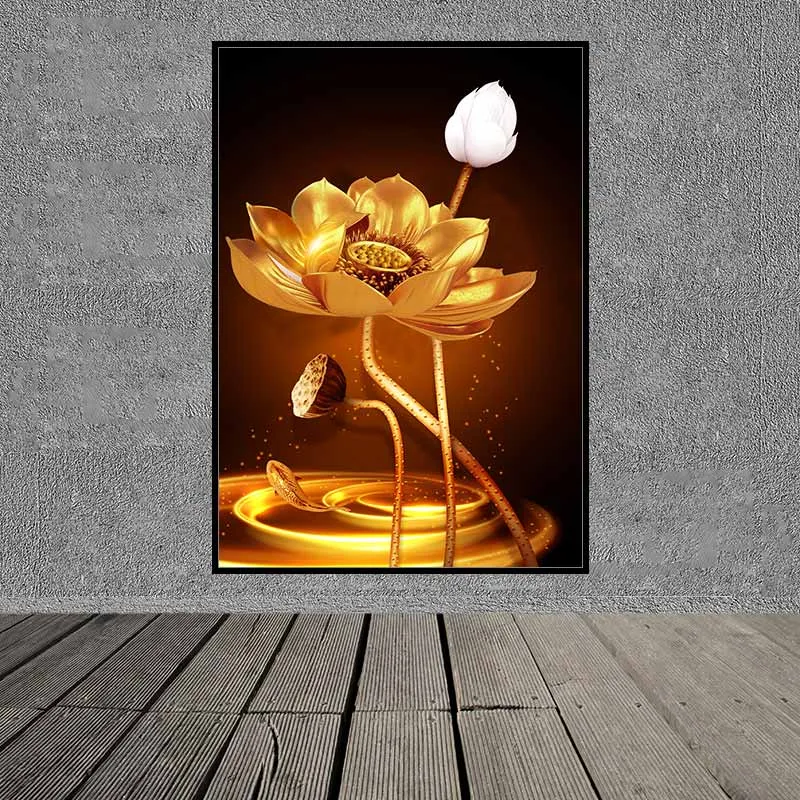 Tranh hoa sen trắng và vàng kim trừu tượng