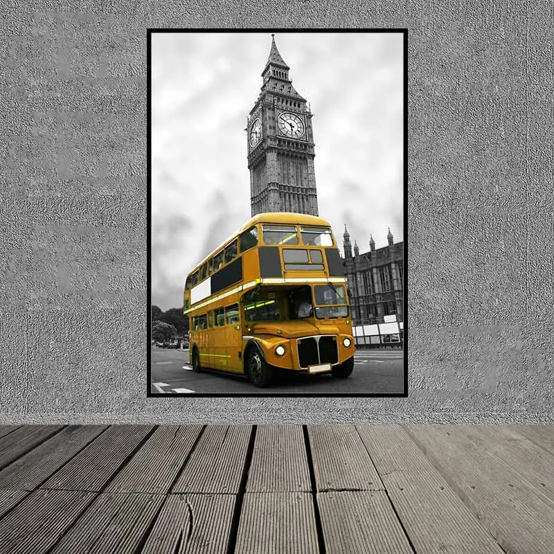 Tranh Scadinavia xe bus trên thành phố London và chiếc ô dù vàng tại tháp Eiffel