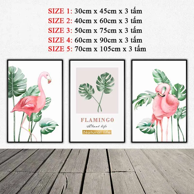 Tranh chim hồng hạc và lá cây nhiệt đới lá trầu bà lá Monstera