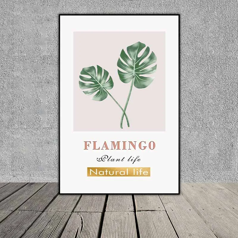 Tranh chim hồng hạc và lá cây nhiệt đới lá trầu bà lá Monstera