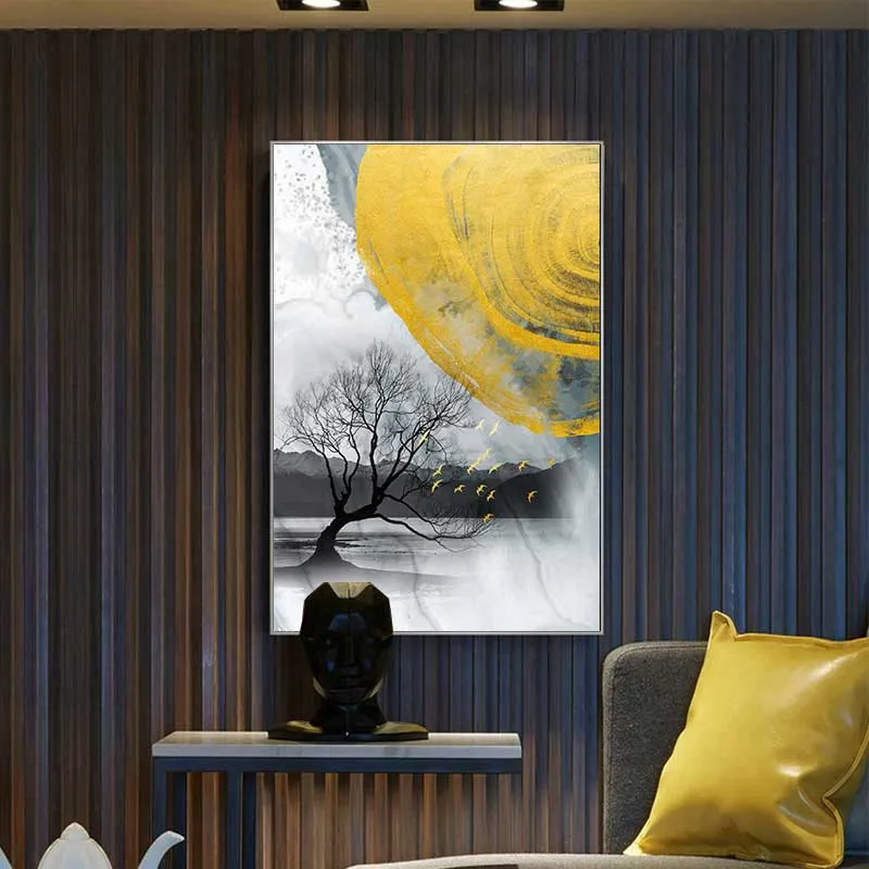 Bức Tranh Cây Nhỏ và Mặt trời Vàng Trừu Tượng Rực Rỡ