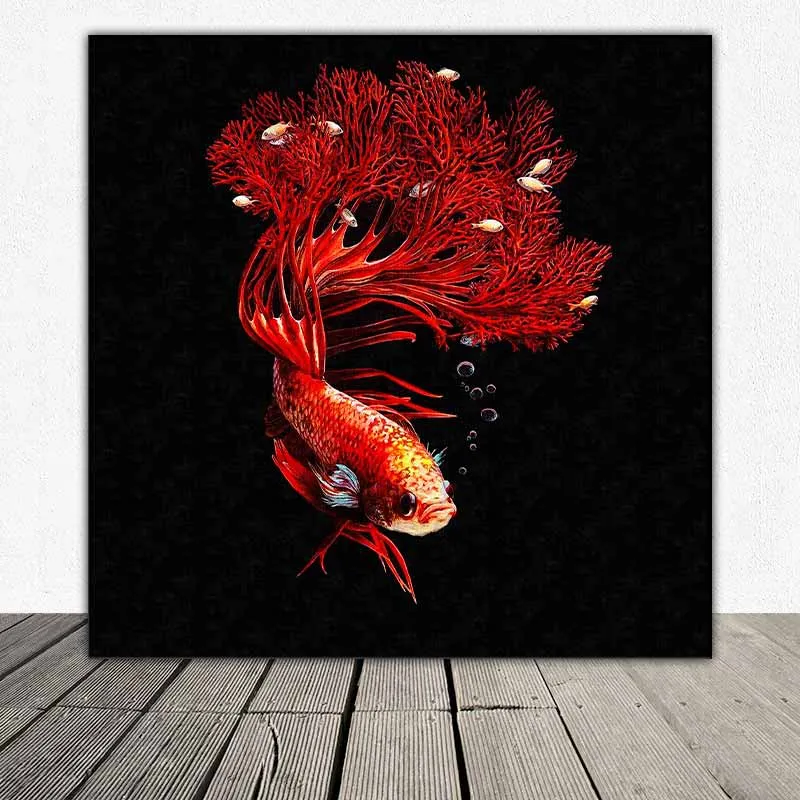 Tranh cá phướng, cá xiêm, cá đá, cá chọi, cá beta trừu tượng có đuôi là những rạn san hô và những và đàn cá nhỏ