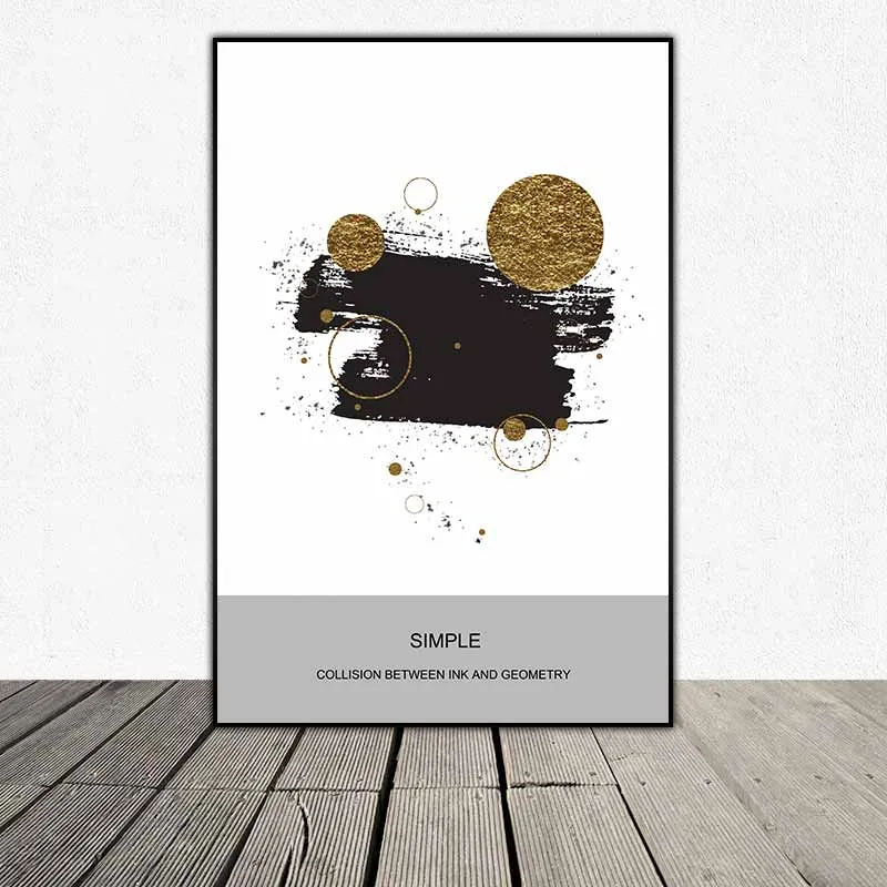 Tranh trừu tượng vết mực đen và các hình tròn, hình tam giác, tranh trừu tượng táo bạo các khối hình học