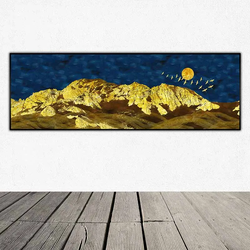 Tranh phong cảnh đồi núi vàng với nền trời xanh tối và đàn chim bay ngang qua mặt trăng