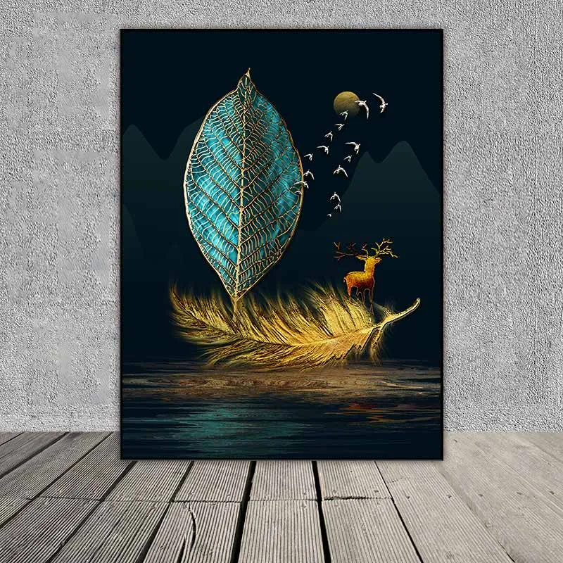 tranh trừu tượng lông chim, nai và chiếc lá