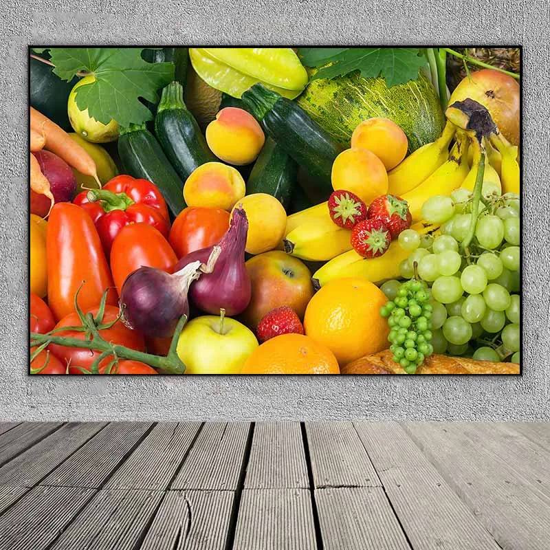 Tranh các loại rau củ trái cây hành tây, ớt chuông, cà chua, cam, nho, táo, dâu, chuối