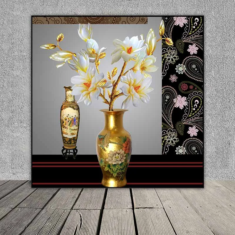 Tranh bộ 3 tĩnh vật bình hoa Mộc lan trắng