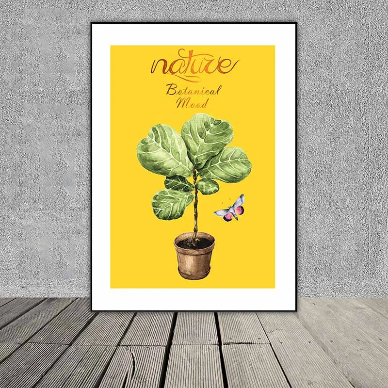 Tranh lá cây nhiệt đới và bướm kết hợp chữ Nature