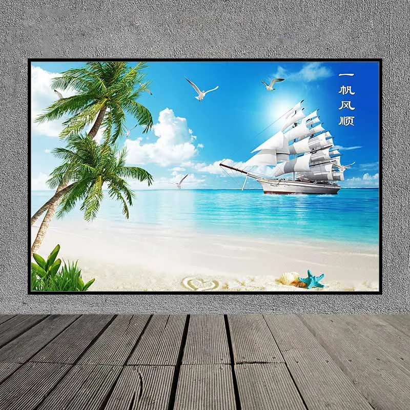 Tranh phong thủy thuận buồm xuôi gió, tranh thuyền buồm và vỏ ốc trên bãi cát