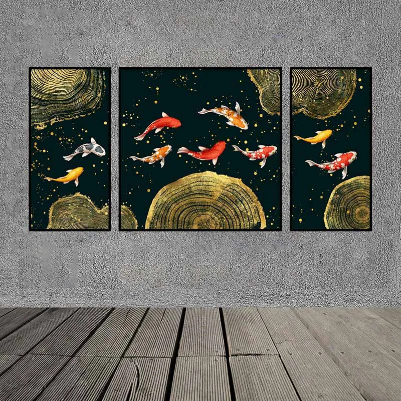 Tranh 9 con cá chép, cử ngư và hoa sen trừu tượng