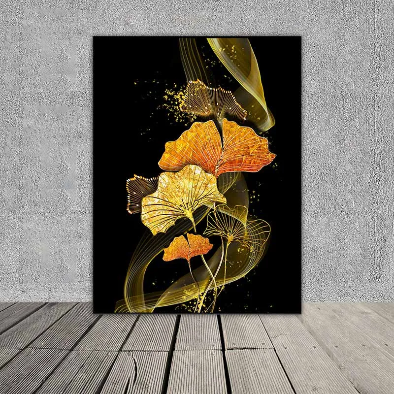 Tranh trừu tượng lá cây với dải sáng vàng trên nền đen
