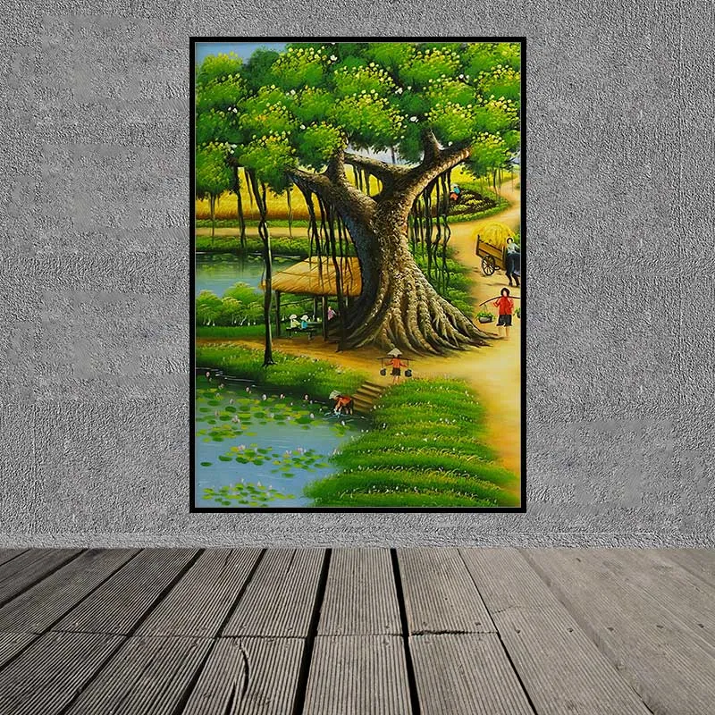 Tranh phong cảnh làng quê, cây đa và dòng sông