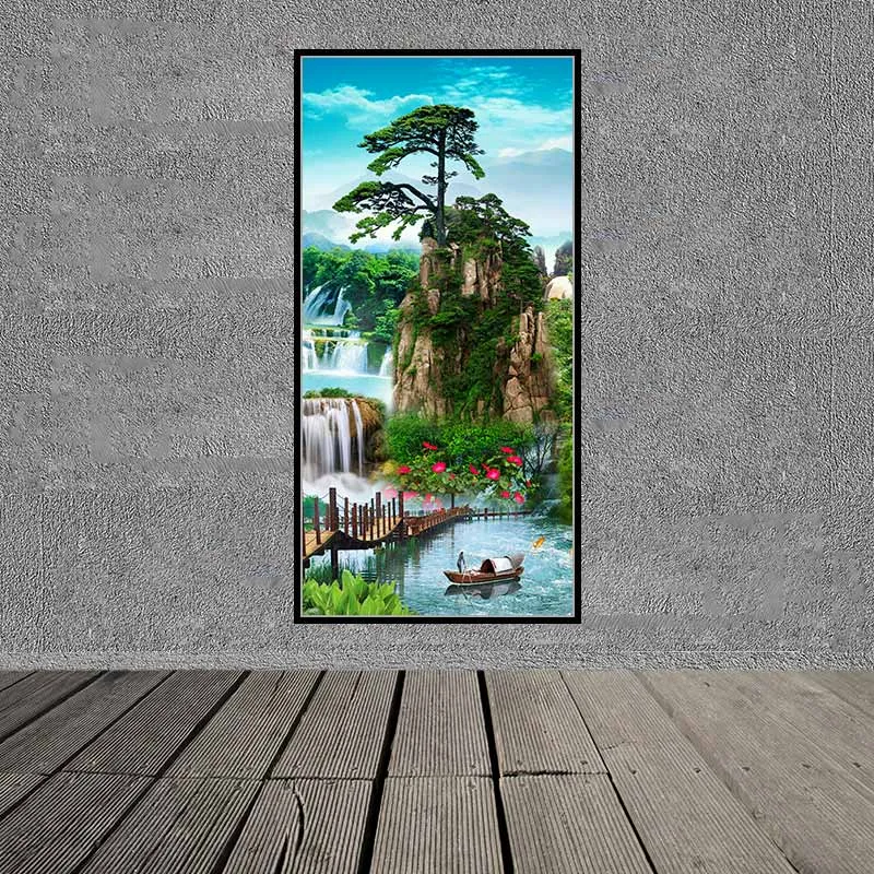 Tranh sơn thủy phong cảnh thác, chim hạc và người chèo thuyền