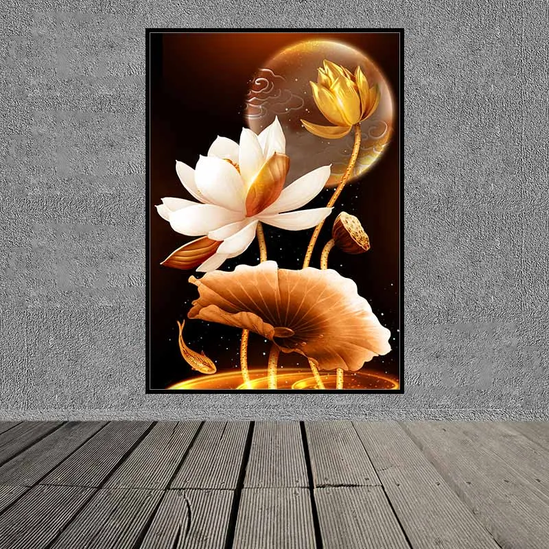 Tranh hoa sen trắng và vàng kim trừu tượng