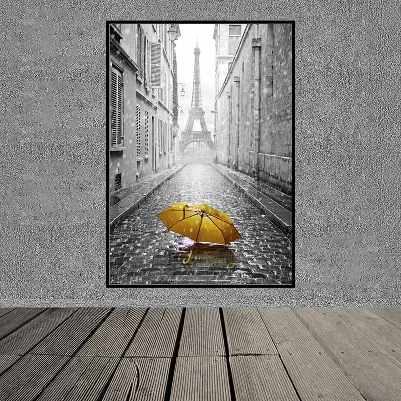 Tranh Scadinavia xe bus trên thành phố London và chiếc ô dù vàng tại tháp Eiffel