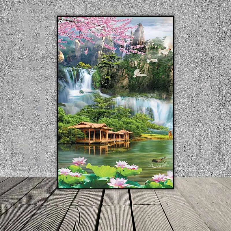 Tranh phong cảnh hồ nước, con thuyền, đàn chim hạc, và đôi thiên nga