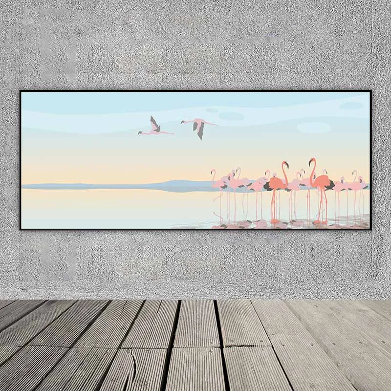 Phong cảnh biển và đàn chim hồng hạc