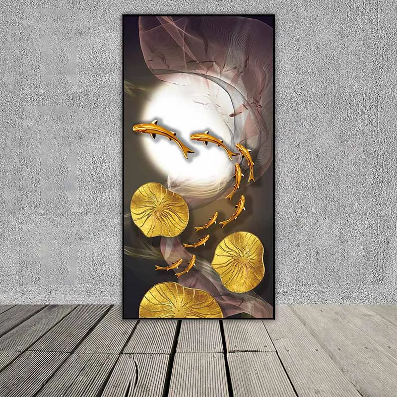 Tranh cửu ngư vọng nguyệt trừu tượng và lá sen vàng