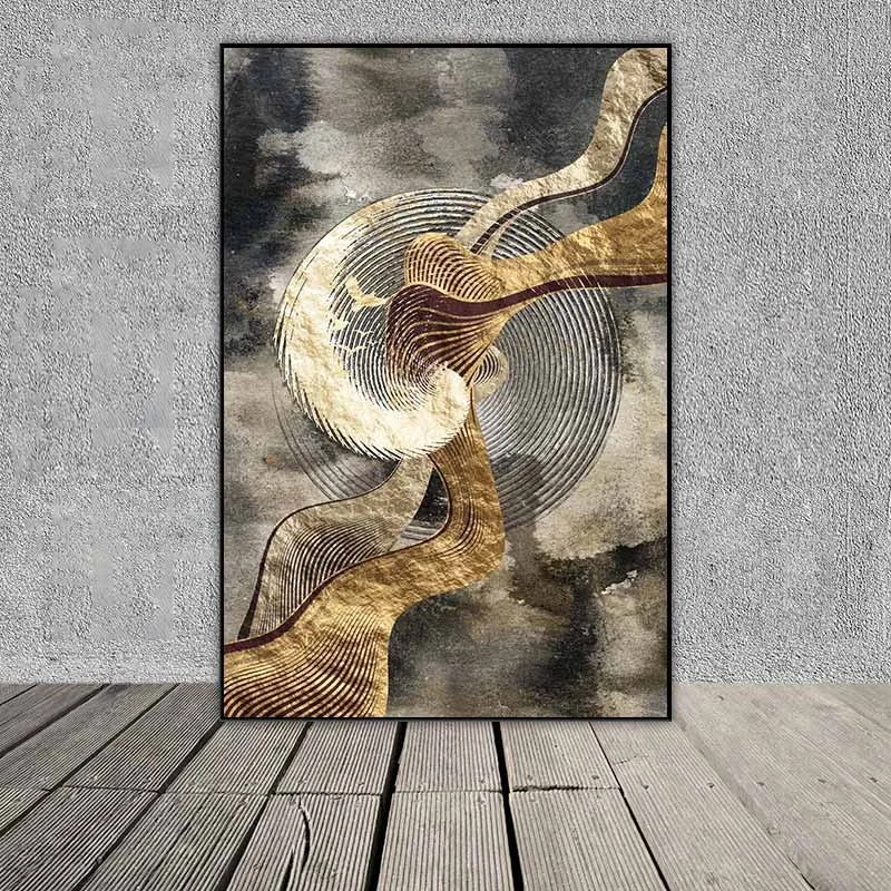 Tranh trừu tượng các vòng tròn đồng tâm và các vệt sáng màu vàng