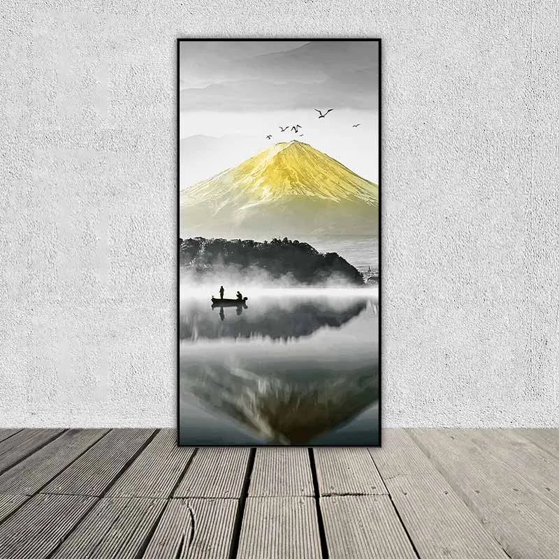 Tranh phong cảnh Scandinavia đồi núi và con thuyền trên dòng sông tĩnh lặng