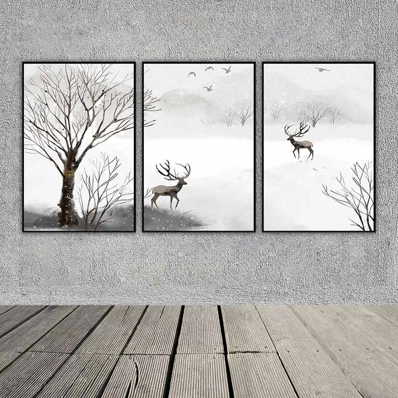 Tranh đàn nai dạo chơi vào mùa đông