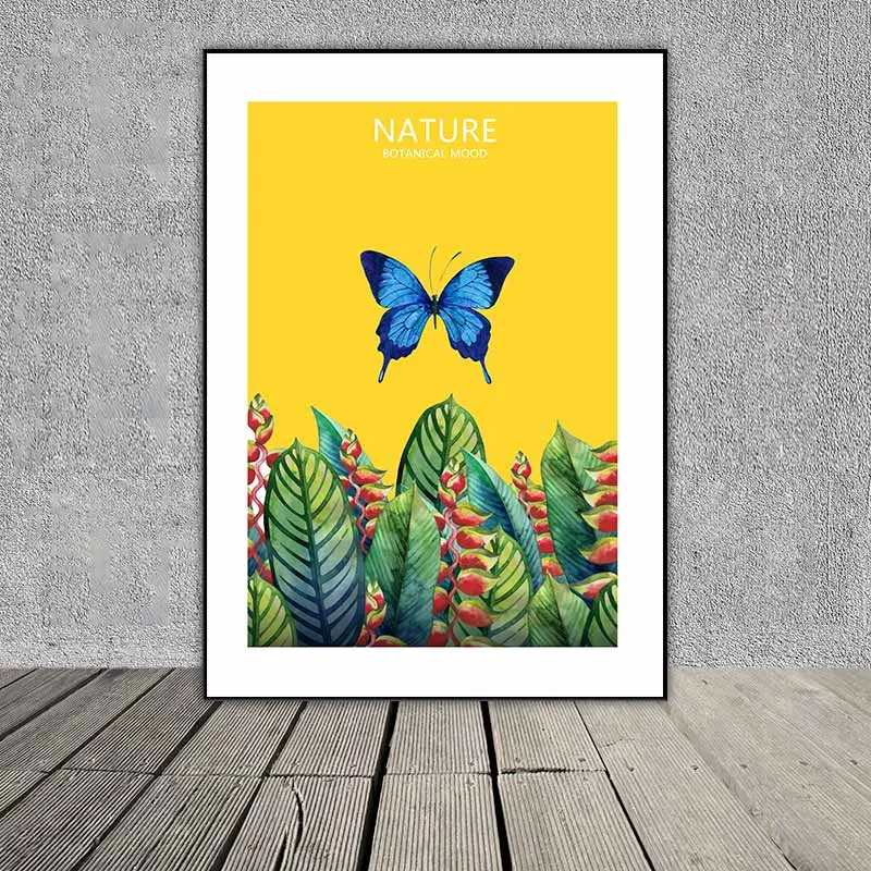 Tranh lá cây nhiệt đới và bướm kết hợp chữ Nature