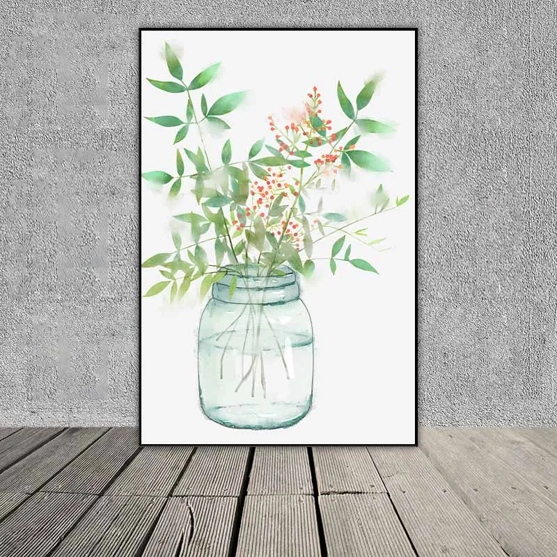 Tranh scandinavia tĩnh vật bình hoa và lá