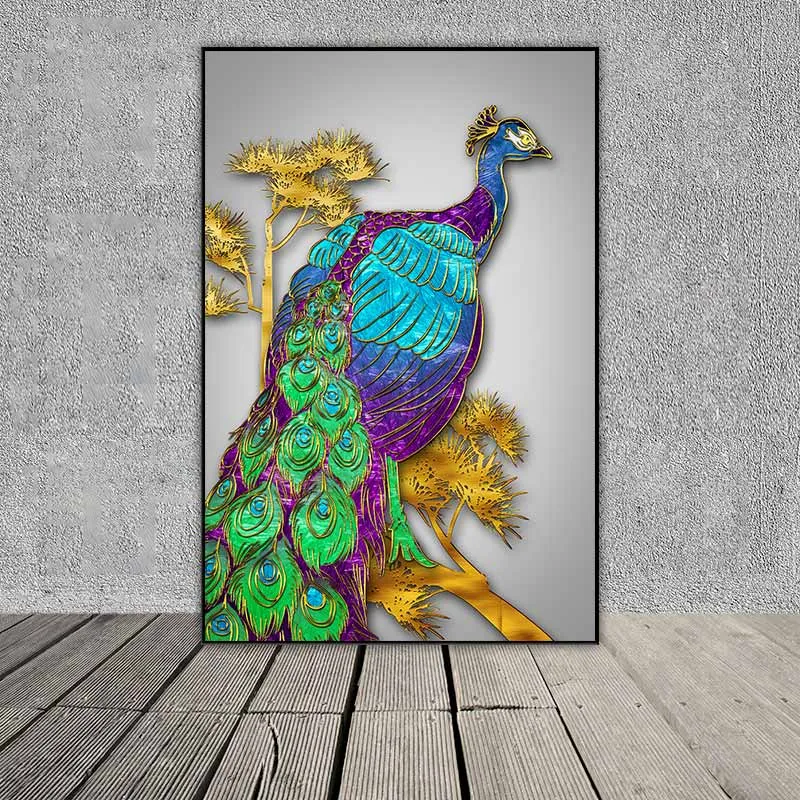 Tranh chim công cách điệu đứng trên cành cây màu vàng kim