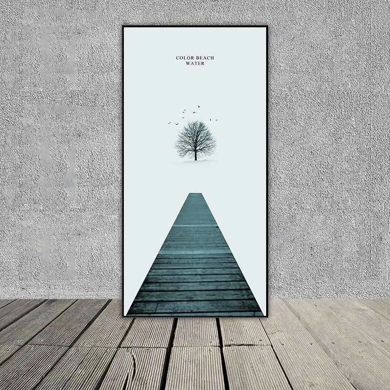 Tranh Scandinavia cây cầu gỗ và cây khô kết hợp chữ Color beach water