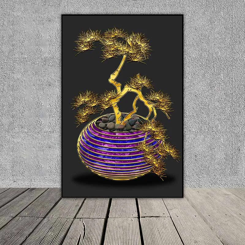 Tranh tĩnh vật cây bonsai màu vàng kim và chậu cây màu tím