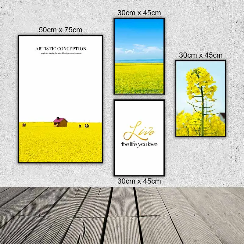 Tranh phong cảnh scandinavia cánh đồng vàng và cành hoa