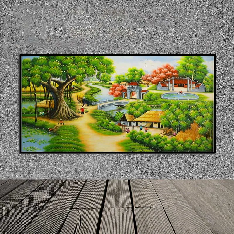 Tranh phong cảnh làng quê, cây đa và dòng sông