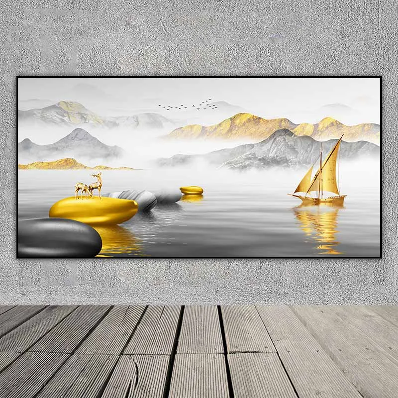 Tranh phong cảnh thuận buồm và con nai vàng trên các tảng đá phong thủy