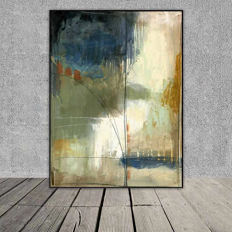 Tranh trừu tượng các mảng màu xanh rêu, vàng sáng và màu xanh đen