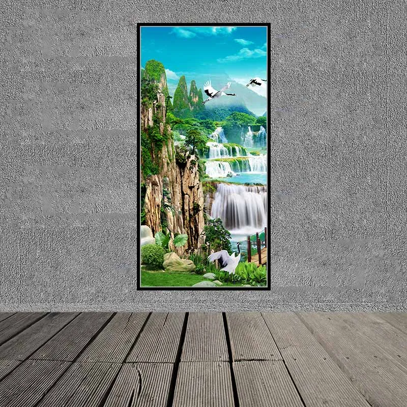 Tranh sơn thủy phong cảnh thác, chim hạc và người chèo thuyền