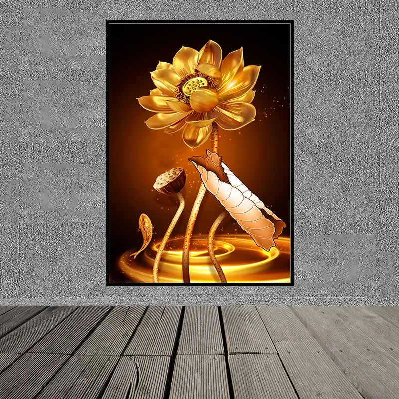 Tranh hoa sen trắng và vàng kim trừu tượng